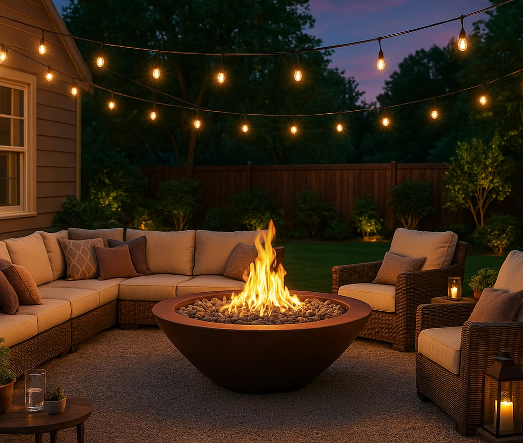 60" Cazo Gas Fire Pit - Narrow Ledge in a modern suburban backyard.