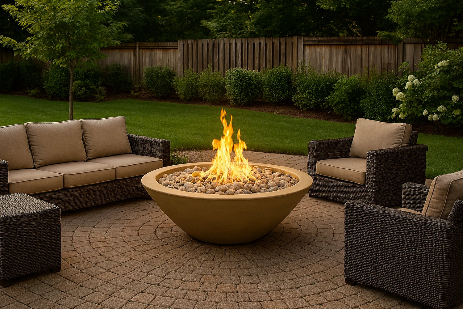 Outdoor patio with 60" Cazo Gas Fire Pit with Narrow Ledge, chairs, and a couch in a garden setting.