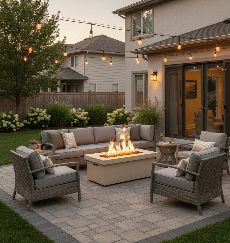 Outdoor patio with 60" Ramona Rectangle Gas Fire Pit, seating area, and string lights.