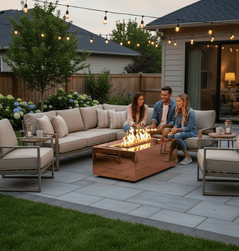 People sitting around a 60" Ramona Rectangle Gas Fire Pit on a patio with string lights and outdoor furniture.