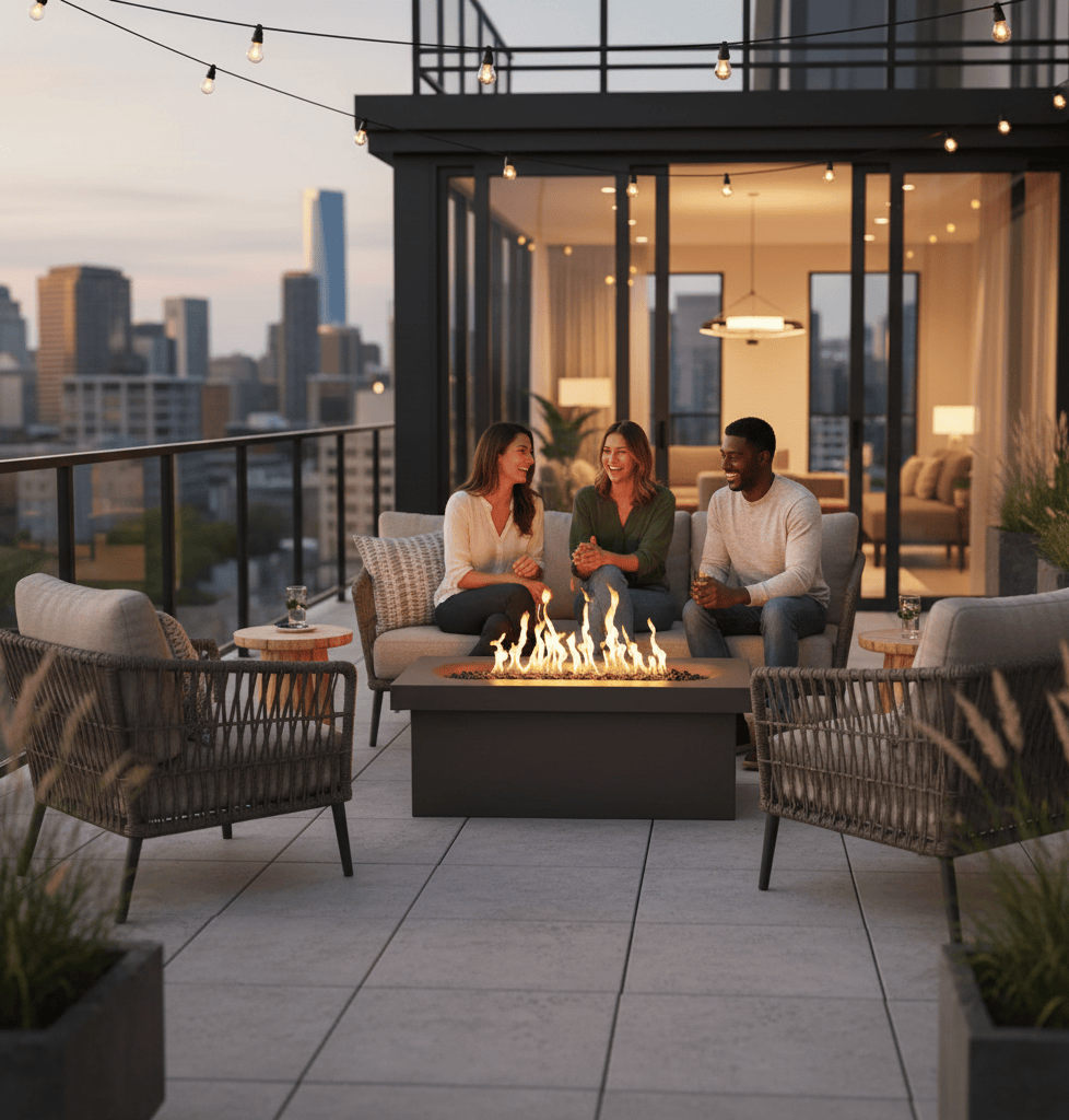 People sitting around a 60" Ramona Rectangle Gas Fire Pit on a rooftop with city skyline in the background