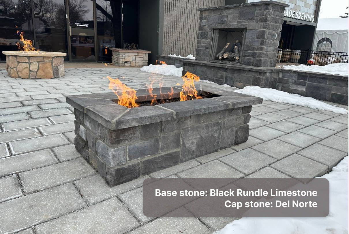 Custom stone fire pit with "Limestone" base & "Del Norte" caps