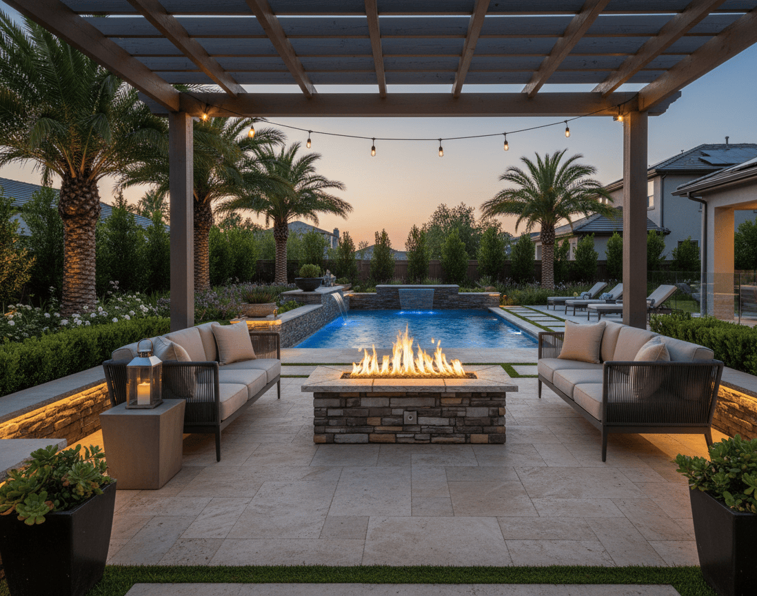 Outdoor patio with 61″ x 31″ Rectangle Custom Stone Gas fire pit, seating area, and pool at dusk.