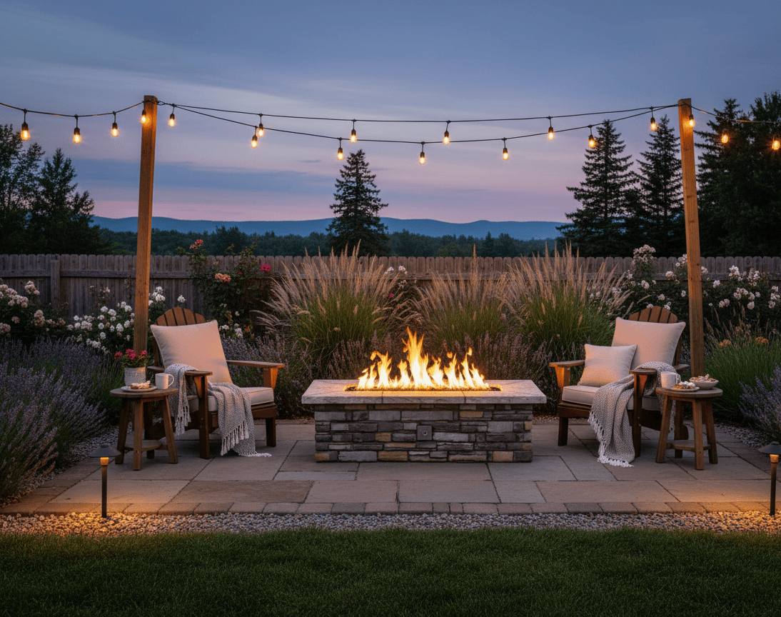 Outdoor patio with 61″ x 31″ Rectangle Custom Stone Gas fire pit, string lights, and chairs at dusk.