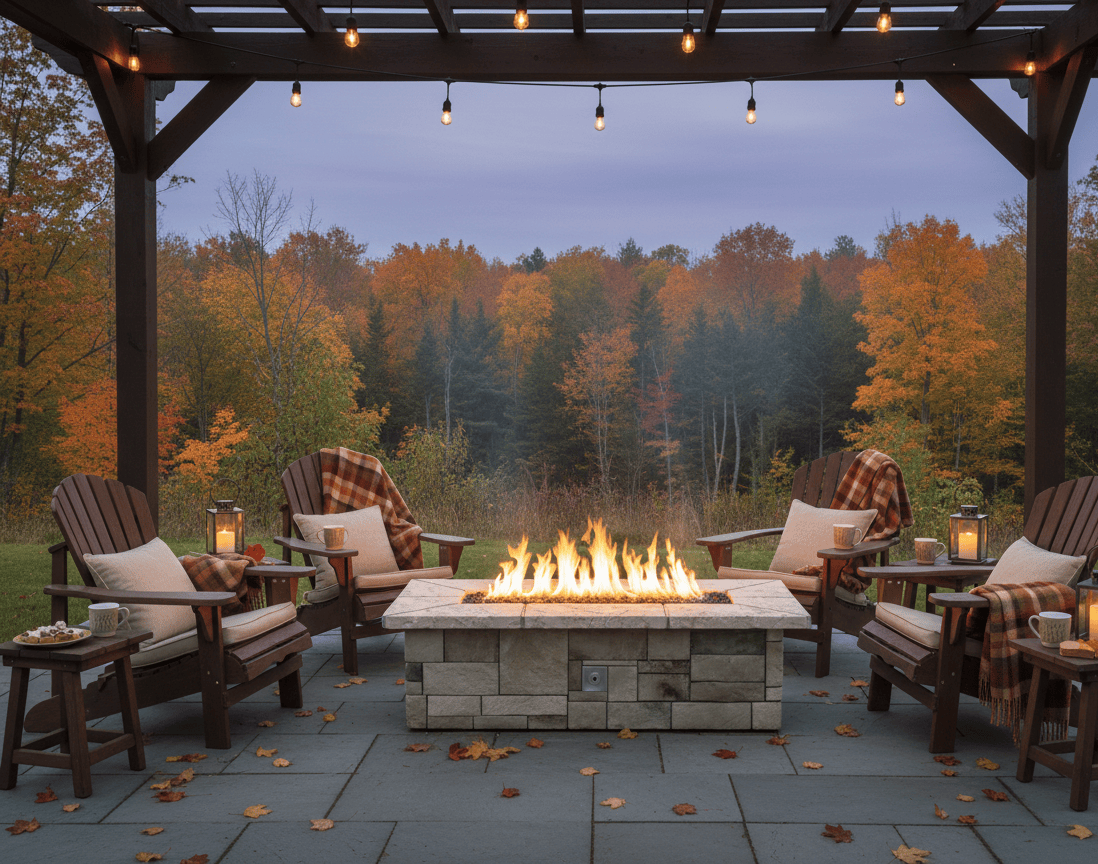 Outdoor patio with 61″ x 31″ Rectangle Custom Stone Gas Fire Pit and Adirondack chairs under a wooden pergola with autumn trees in the background.