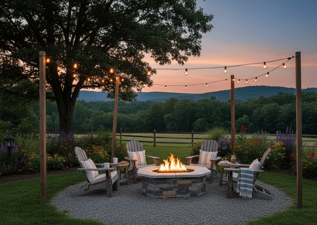 Outdoor patio with 61″ x 42″ Rectagon Custom Stone Gas Fire Pit, chairs, and string lights during sunset.