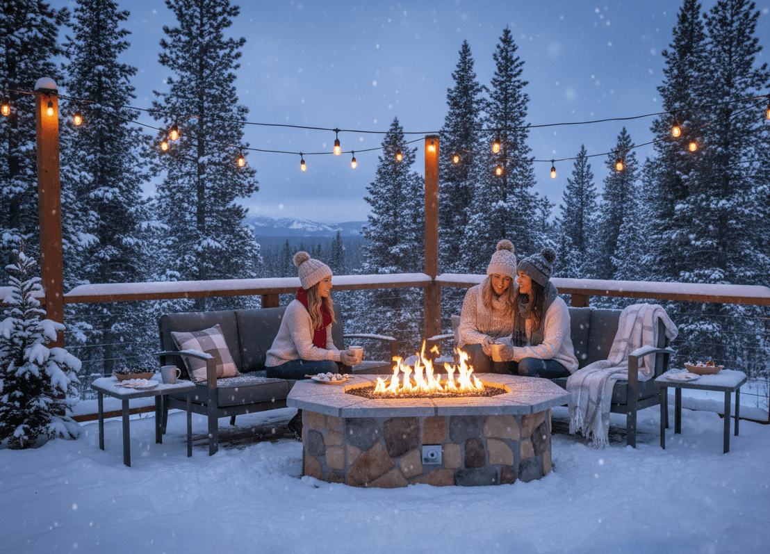 Two people sitting around a 61″ x 42″ Rectagon Custom Stone Gas Fire Pit on a snowy deck with string lights and snow-covered trees.