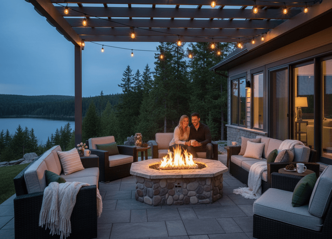 Couple sitting by a 61″ x 42″ Rectagon Custom Stone Gas Fire Pit on a patio with string lights and a scenic view.