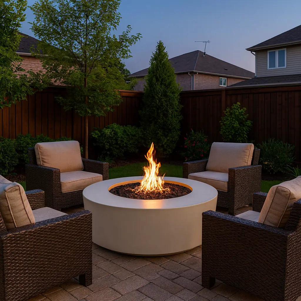 72" Florence Gas Fire Pit table with chairs in a backyard setting