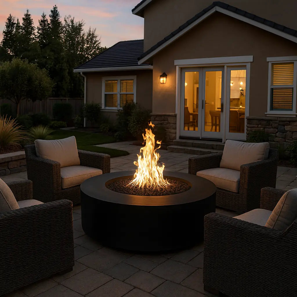 Outdoor patio with 72" Florence Gas Fire Pit and seating area at dusk