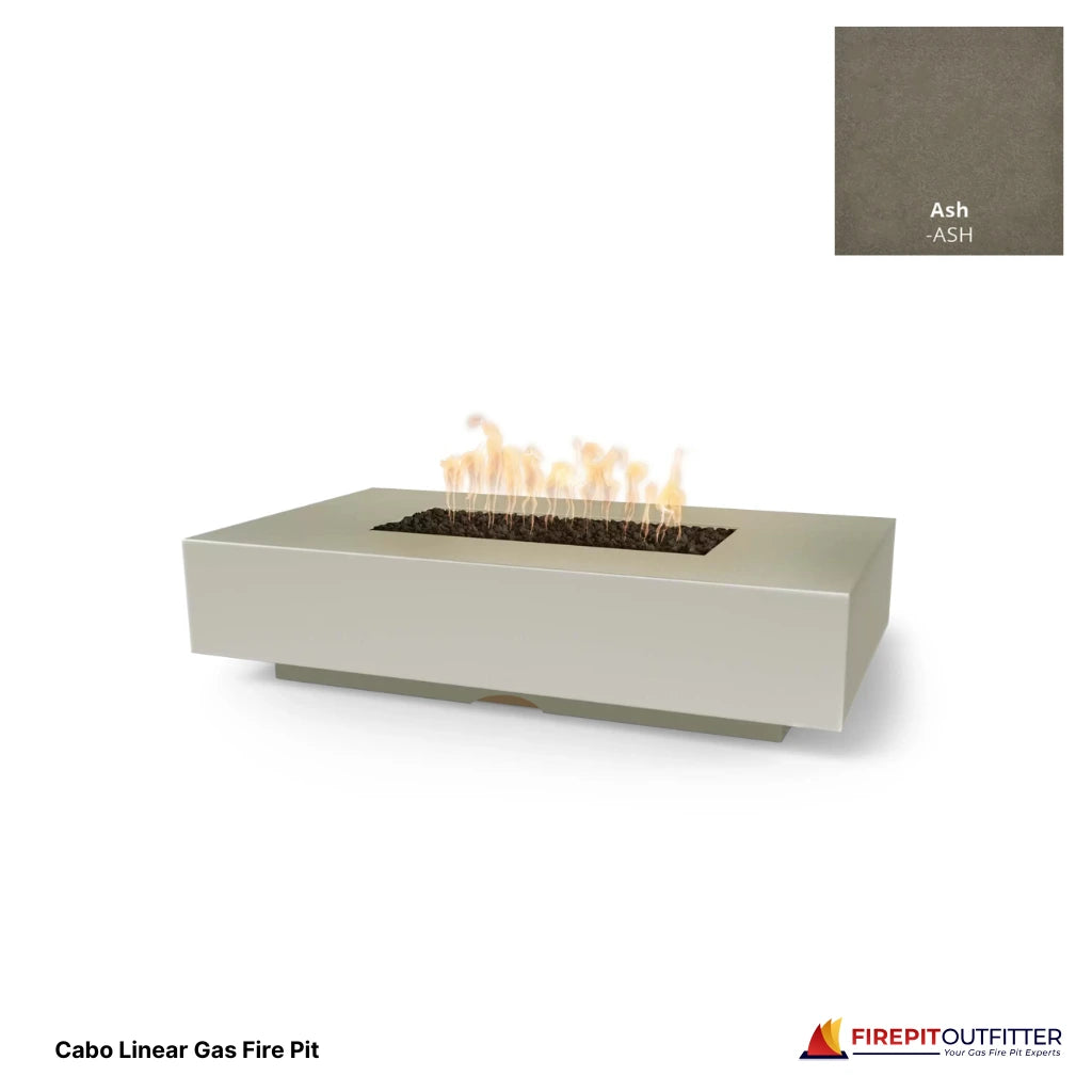 Cabo linear rectangular gas fire pit in ash concrete finish.