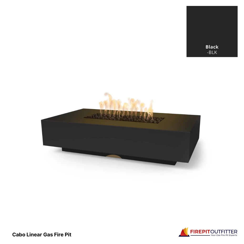 Cabo linear rectangular gas fire pit in black concrete finish.