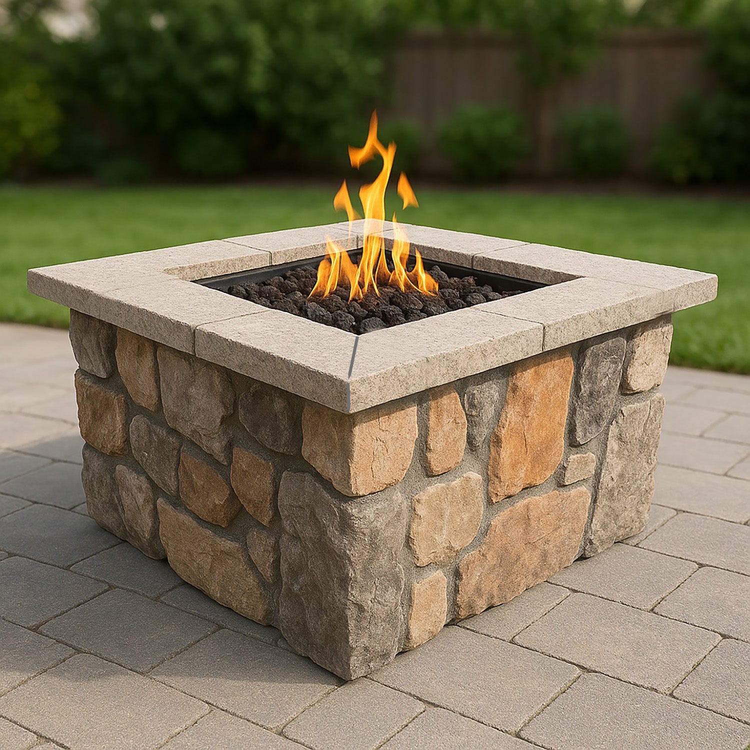 A 42-inch Square Custom Stone Gas Fire Pit with visible flames, set on a patio with a green backdrop.