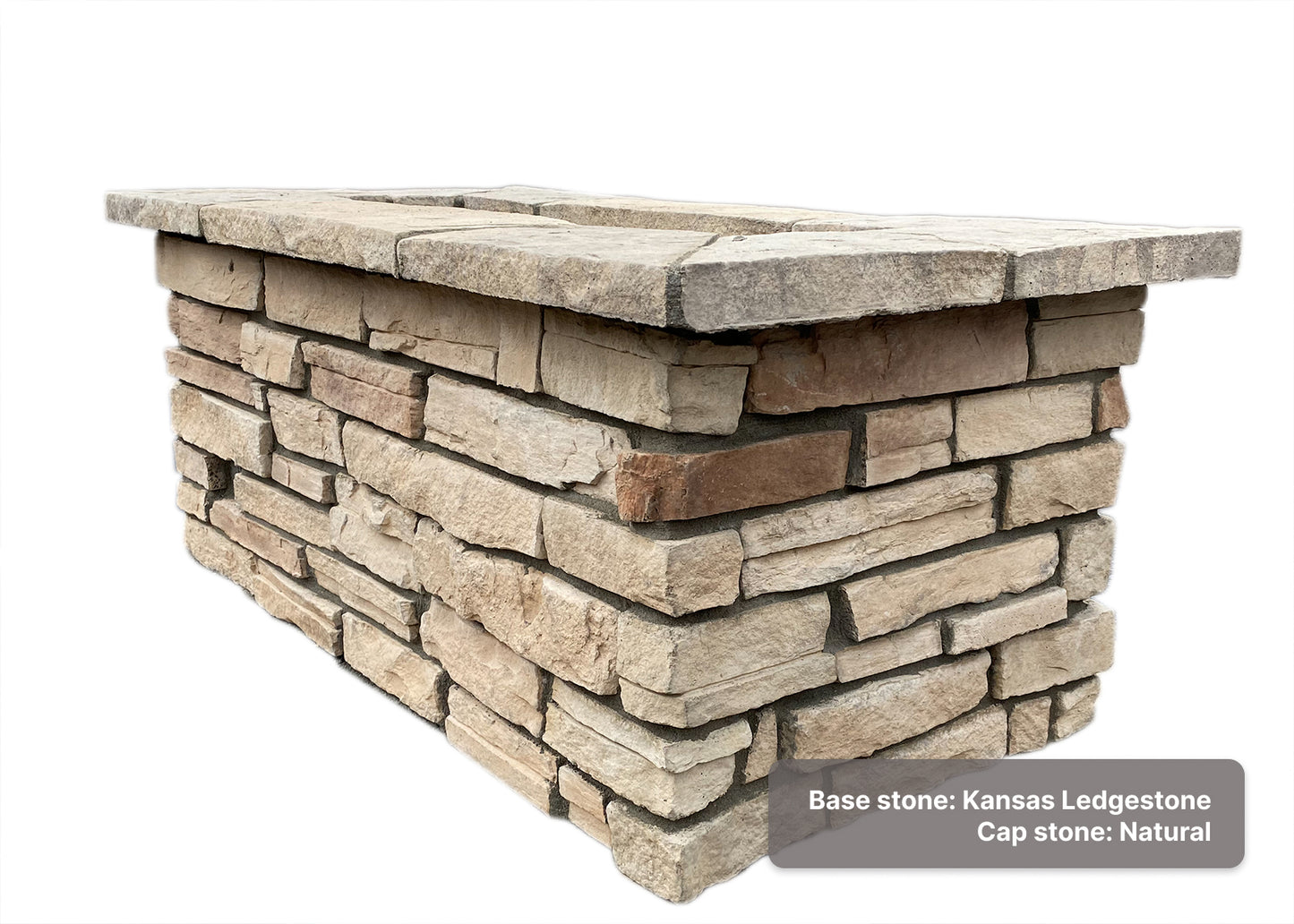 Custom Stone gas fire pit with "Kansas Ledgestone" base & "Natural " cap stones