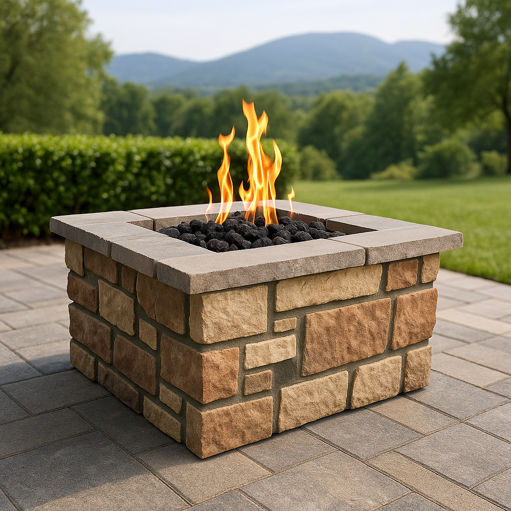 42" Square Custom Stone Gas Fire Pit with flames on a patio with a scenic background