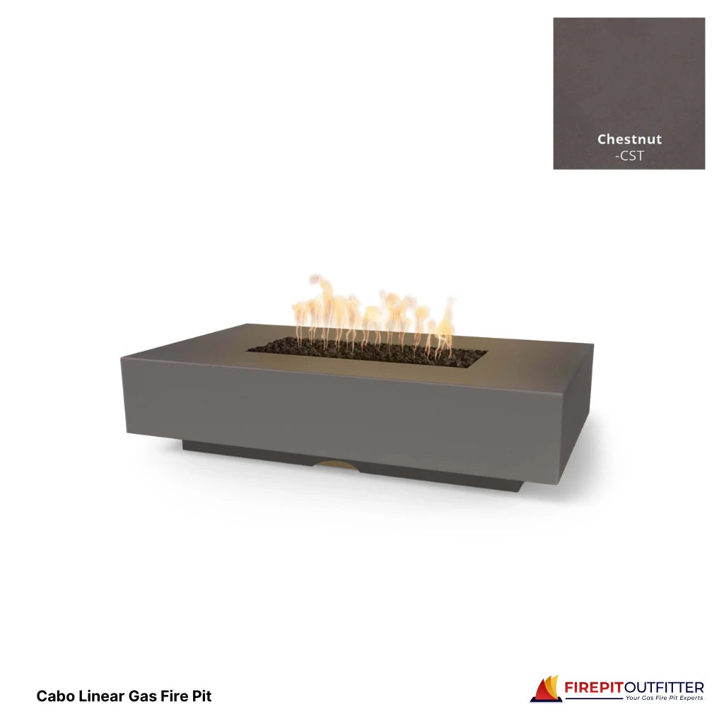 Cabo linear rectangular gas fire pit in chestnut concrete finish.