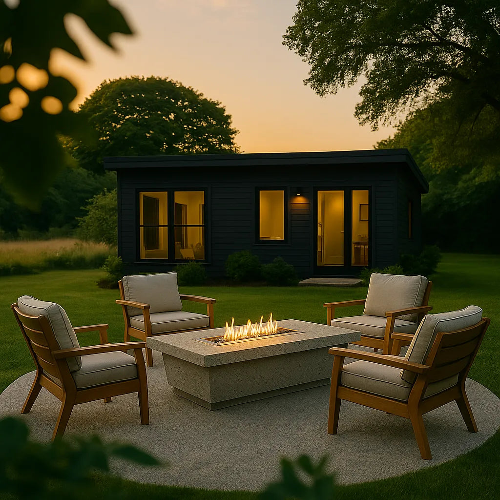 Contempo gas fire pit in light basalt concrete finish in a clean modern backyard with a view on a shed.