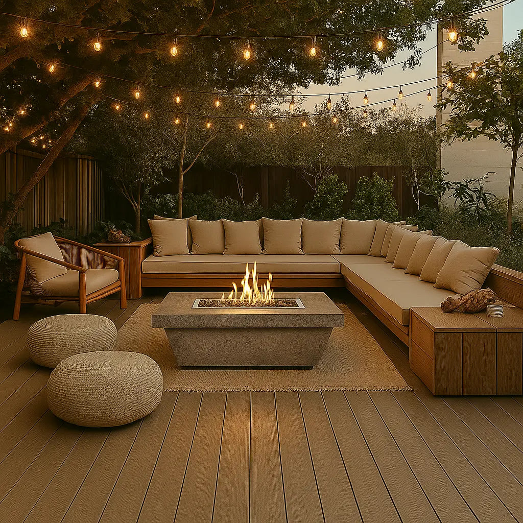 Contempo rectangular fire place in light basalt finish in a modern backyard.