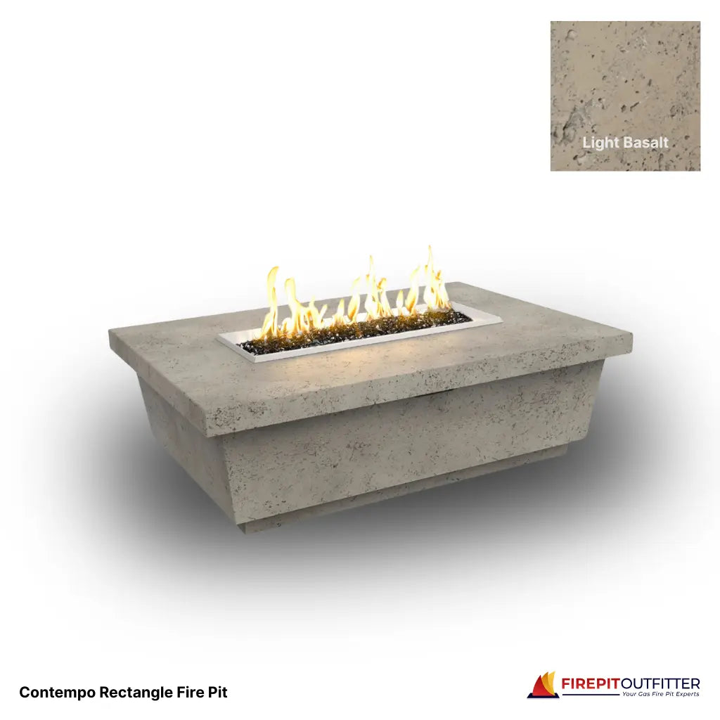 Contempo rectangular fire pit in light basalt finish.