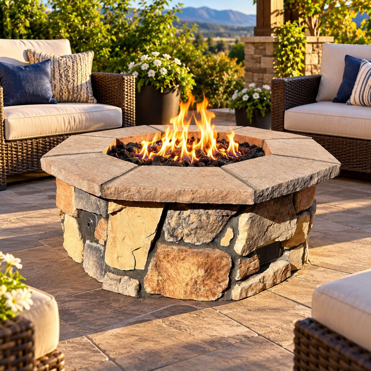 46" Octagon Custom Stone Gas Fire Pit