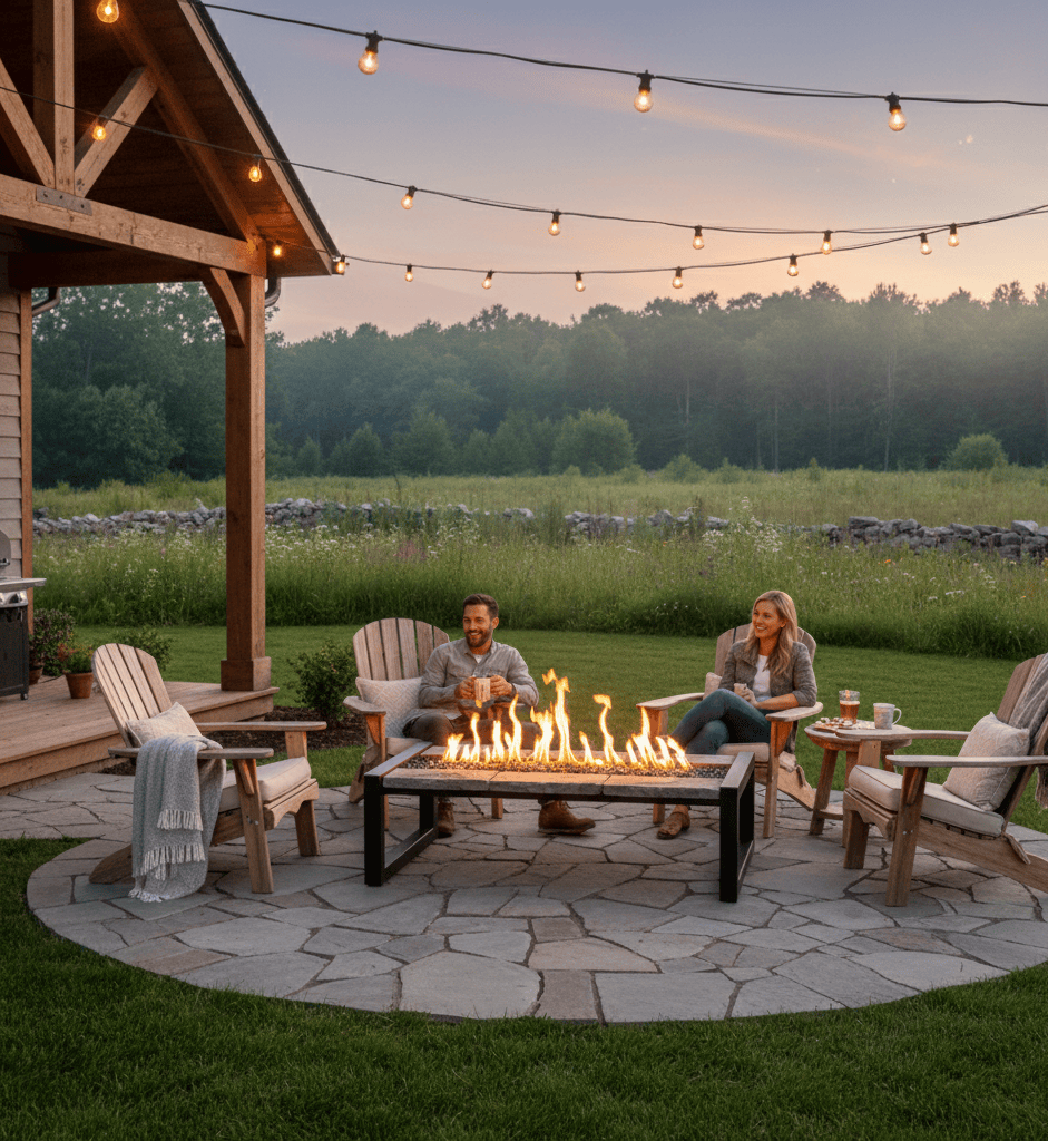 Two people sitting around a Crestone Gas Fire Pit Table in a backyard setting with string lights and a wooden pavilion.