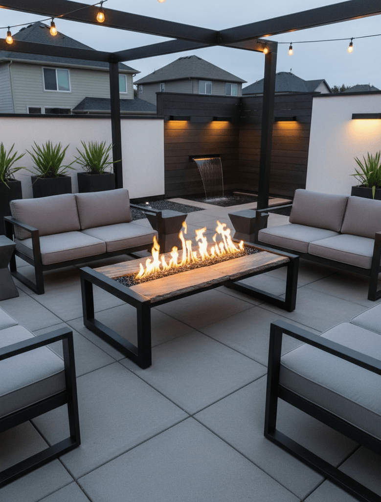 Outdoor patio with Crestone Gas Fire Pit Table, seating area, and string lights.