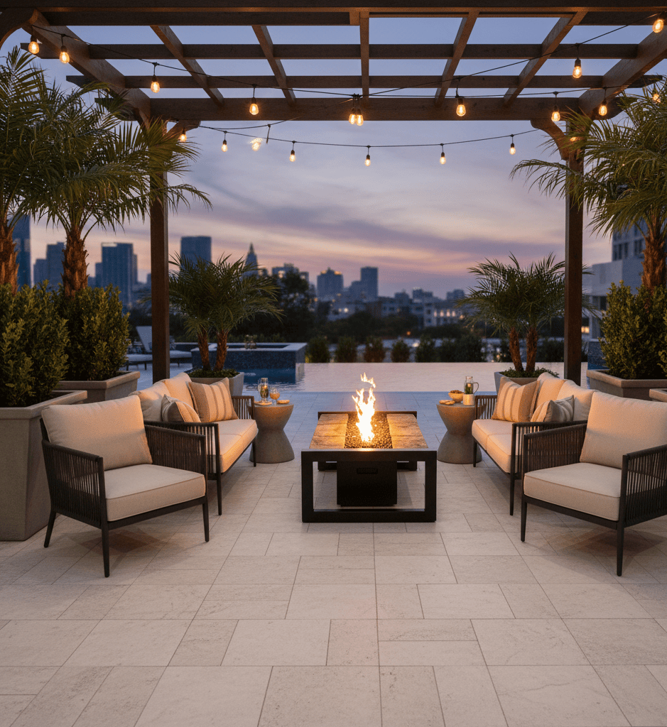 Outdoor patio with Crestone Gas Fire Pit Table, chairs, and city skyline view at dusk.