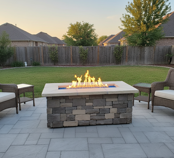 Fire pit table built with Custom rectangle Fire Pit Kit 52″ x 22″ with flames on a patio area with chairs and a grassy yard in the background.