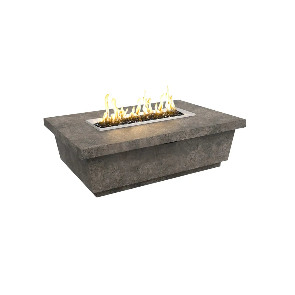 Contempo rectangular gas fire pit in dark basalt concrete finish.