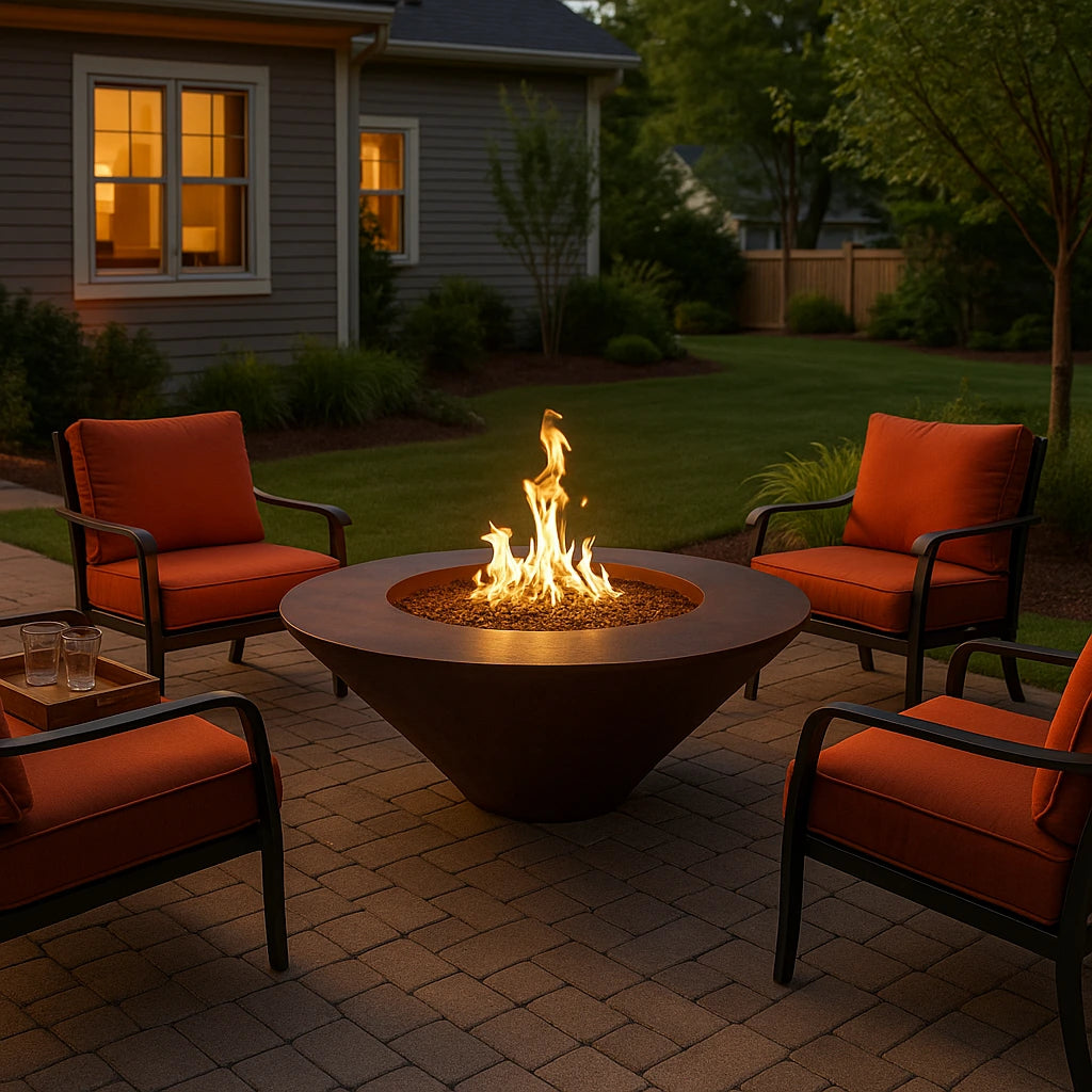 Outdoor patio with 60" Cazo Gas Fire Pit and orange cushioned chairs at night.