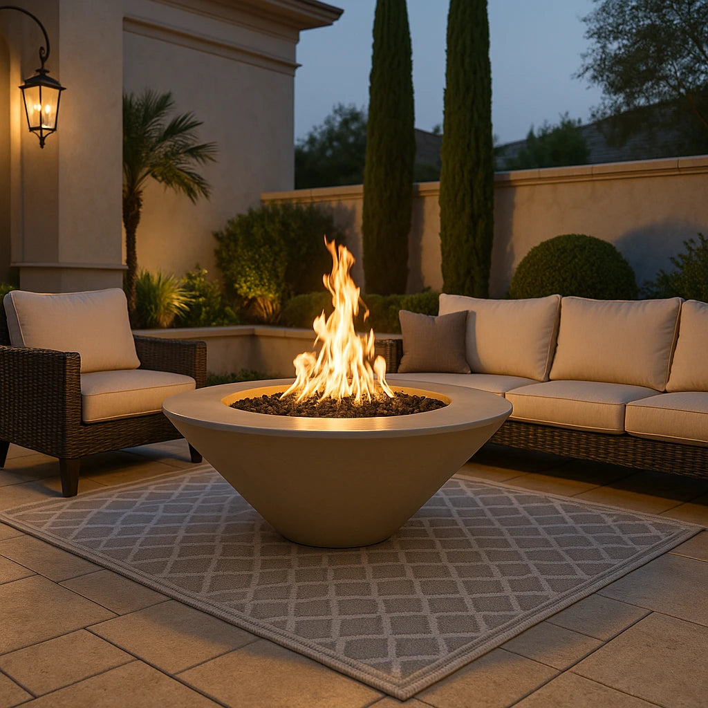 Outdoor patio with 60" Cazo Gas Fire Pit, chairs, and couches in a warm setting.