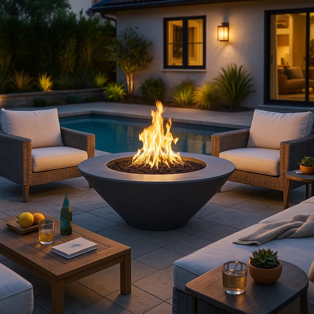 Outdoor patio with 60" Cazo Gas Fire Pit, chairs, and pool at dusk