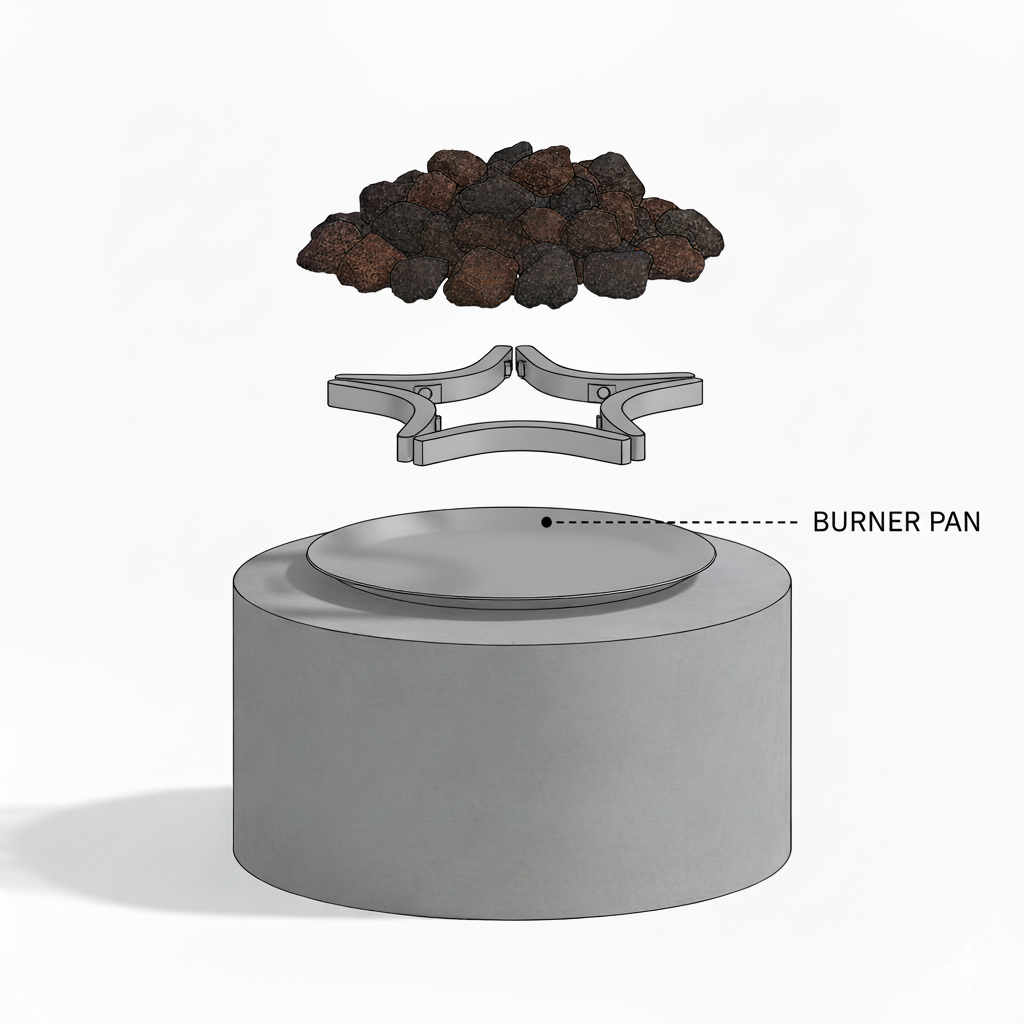 Diagram of a fire pit with a burner pan and truffles above it on a white background.