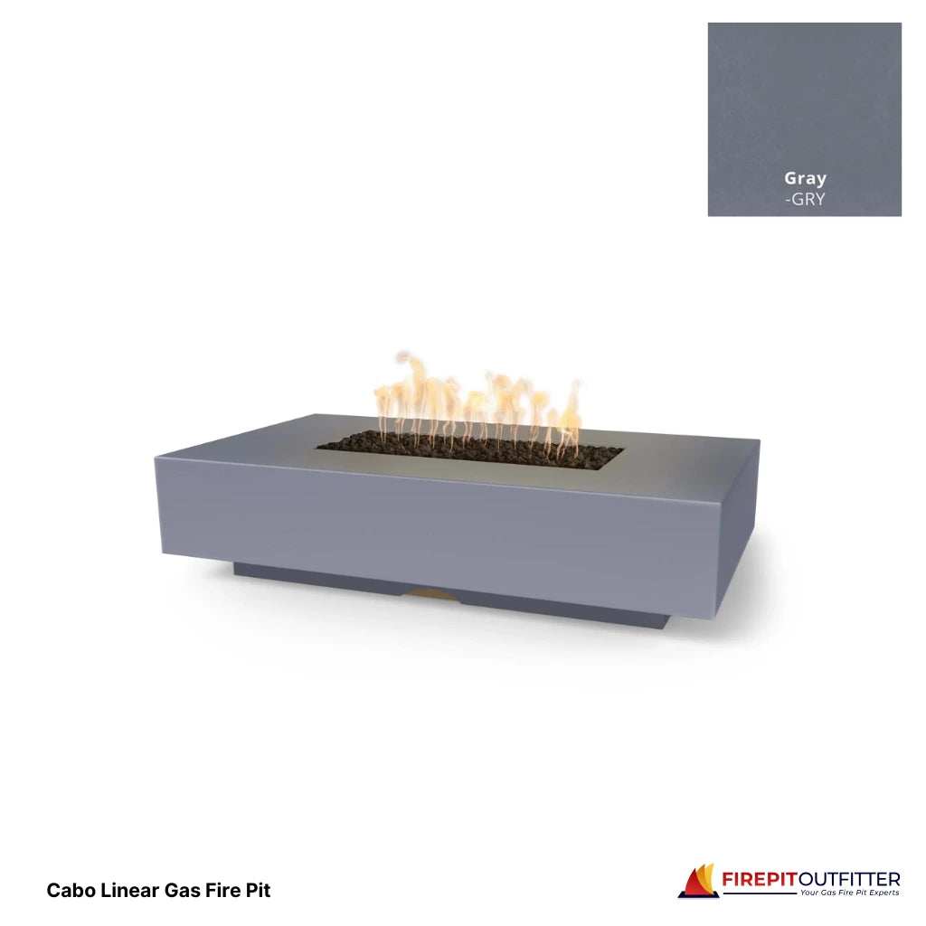 Cabo linear rectangular gas fire pit in gray concrete finish.