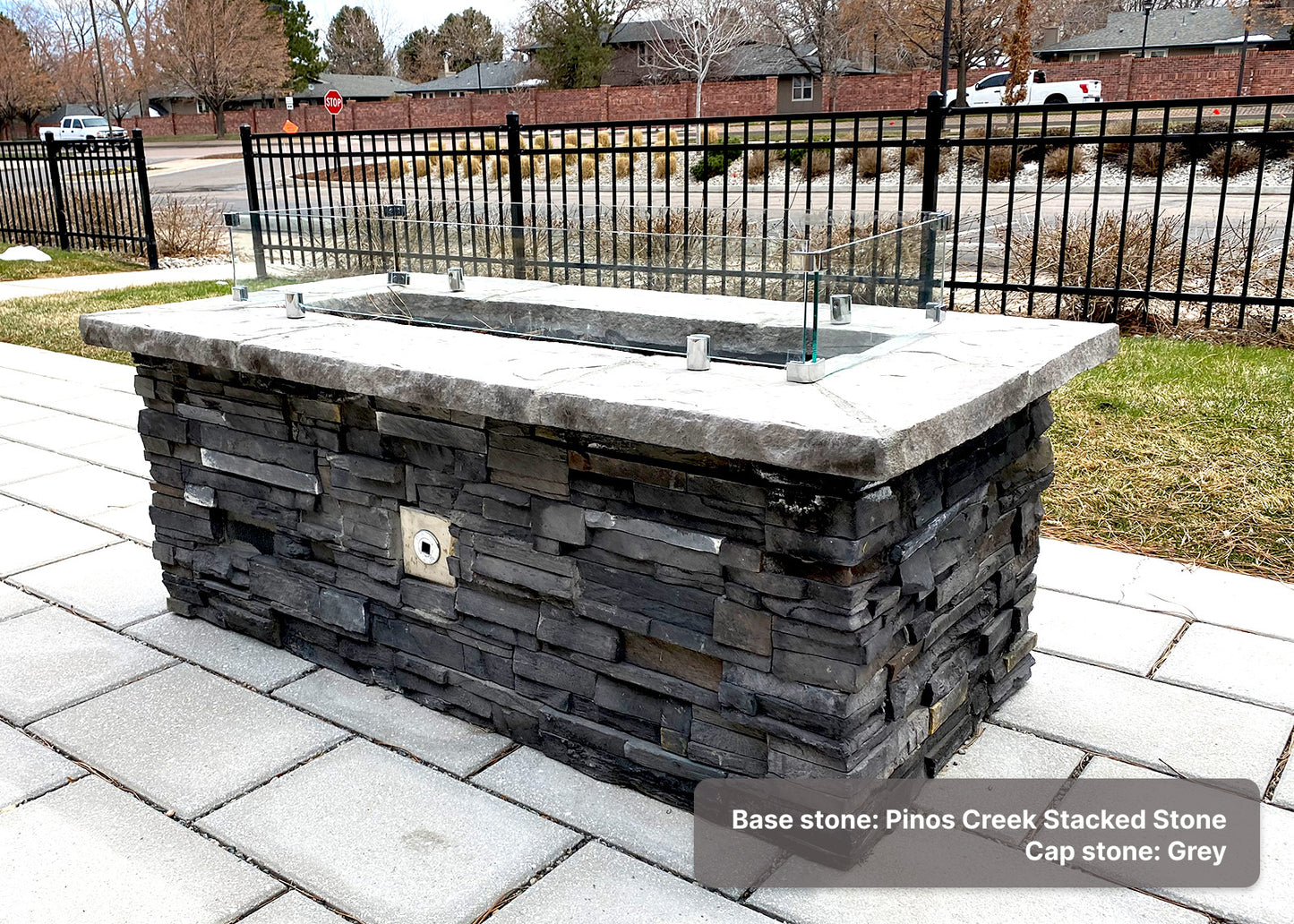 Custom Stone Gas Fire Pit with "Pinos Creek" ledgstone base & "grey" cap stones