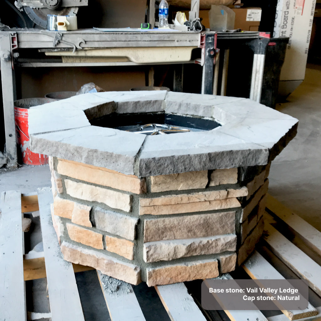 Custom stone fire pit with "Kansa Ledge" base & "Grey" cap stones