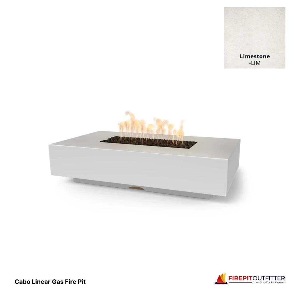 Cabo linear rectangular gas fire pit in limestone concrete finish.