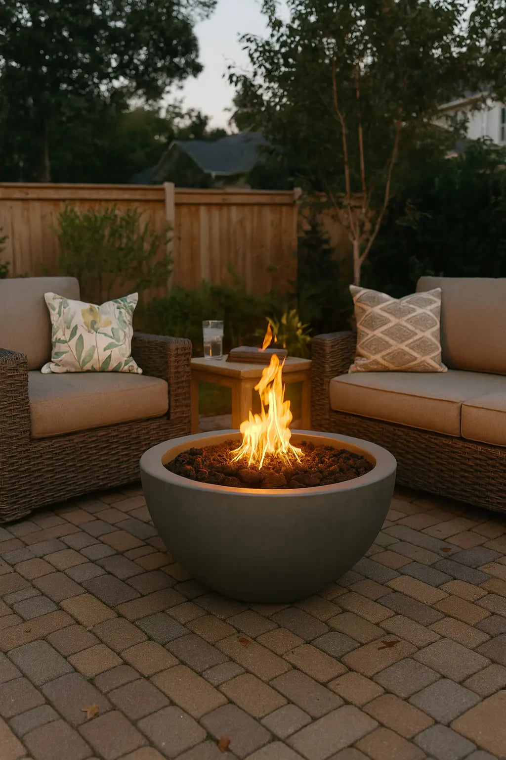 Outdoor patio with wicker furniture and a Luna Gas Fire Pit Bowl (2 sizes, 30″ or 38″).