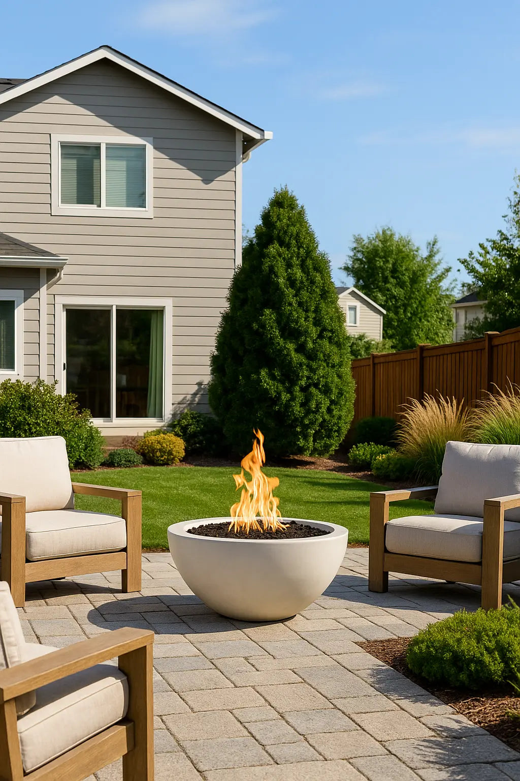 Outdoor patio with Luna Gas Fire Pit Bowl (2 sizes, 30″ or 38″), chairs, and house in the background