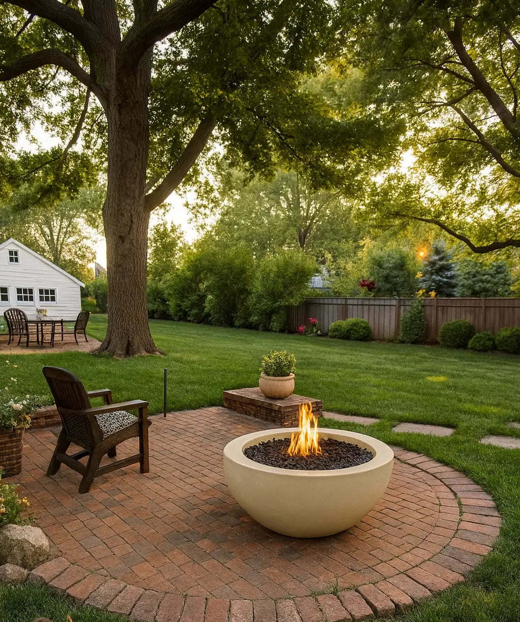 Outdoor patio with Luna Gas Fire Pit Bowl (2 sizes, 30″ or 38″), chairs, and trees