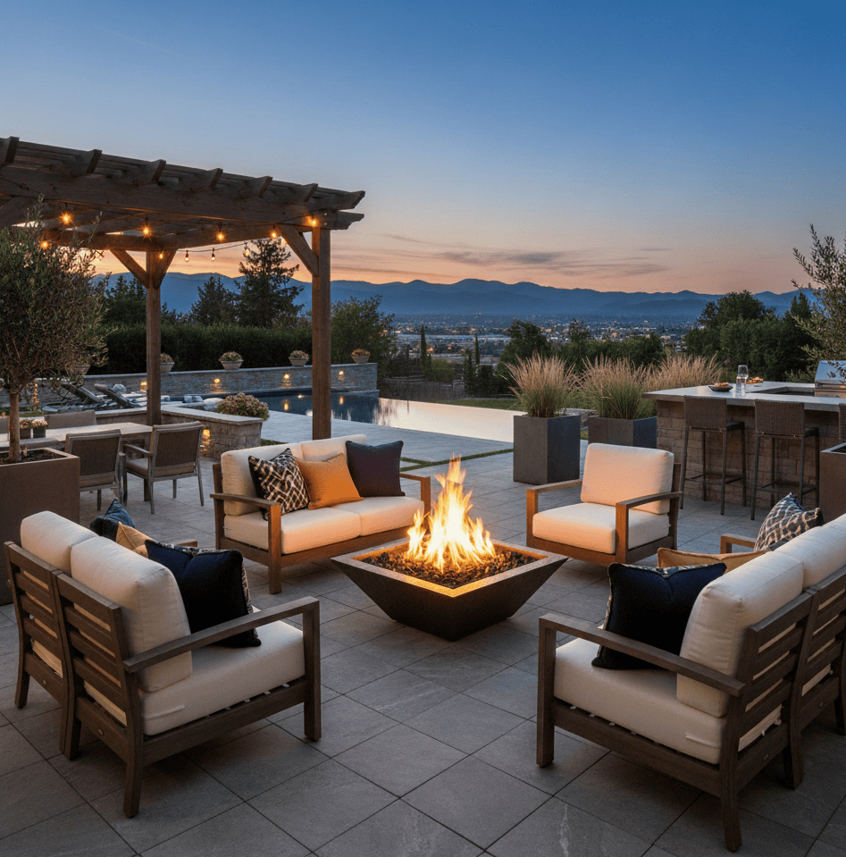 Outdoor patio with Maya fire pit, chairs, and a scenic view at dusk.