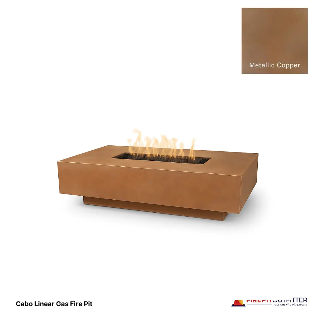 Cabo linear rectangular gas fire pit in metallic copper concrete finish.