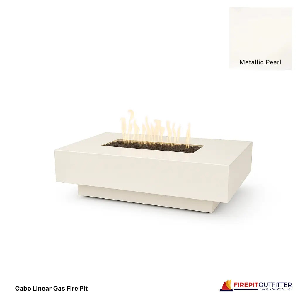 Cabo linear rectangular gas fire pit in metallic pearl concrete finish.
