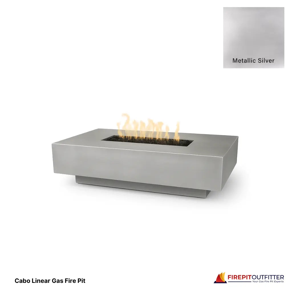 Cabo linear rectangular gas fire pit in metallic silver concrete finish.