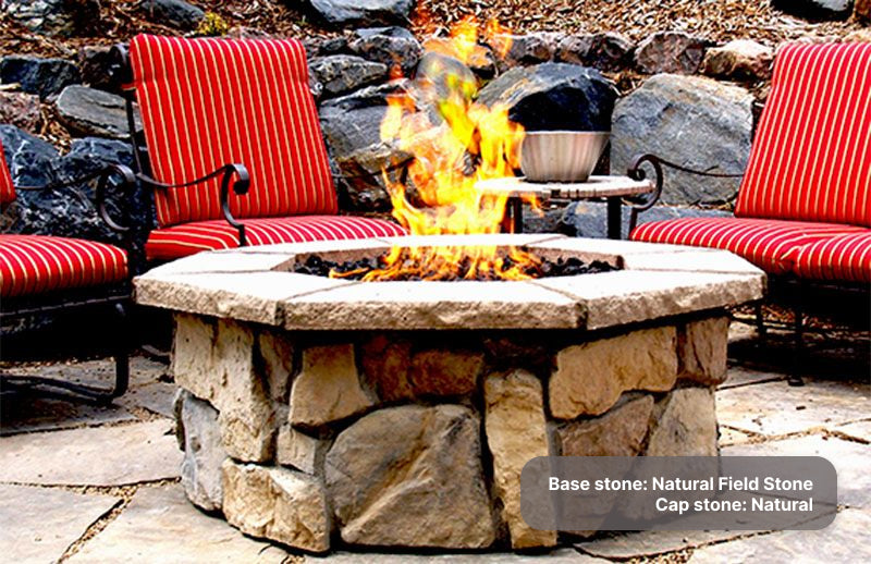 Custom stone fire pit with "Natural Fieldstone" base & "Natural" cap stones