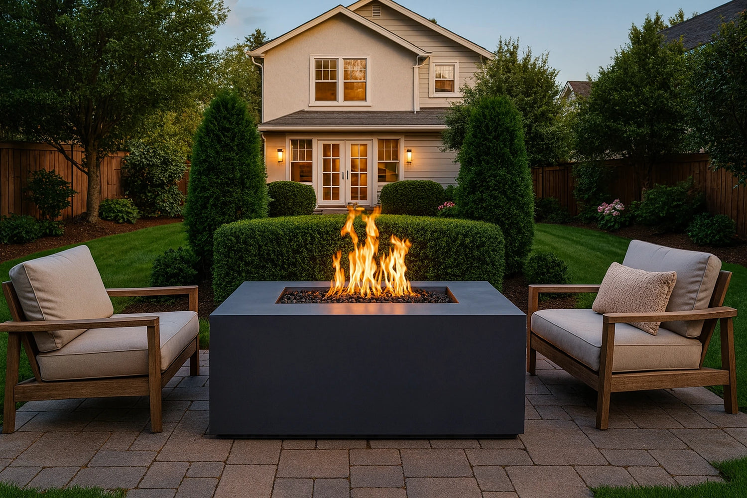 A suburban backyard with a 60" Pismo Gas Fire Pit and outdoor furniture and house and greenery in the background.