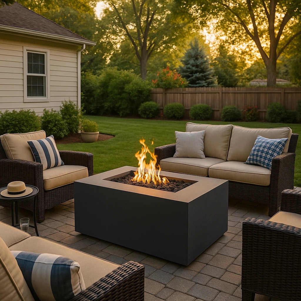 Outdoor patio with 60" Pismo Gas Fire Pit table and seating area during sunset.