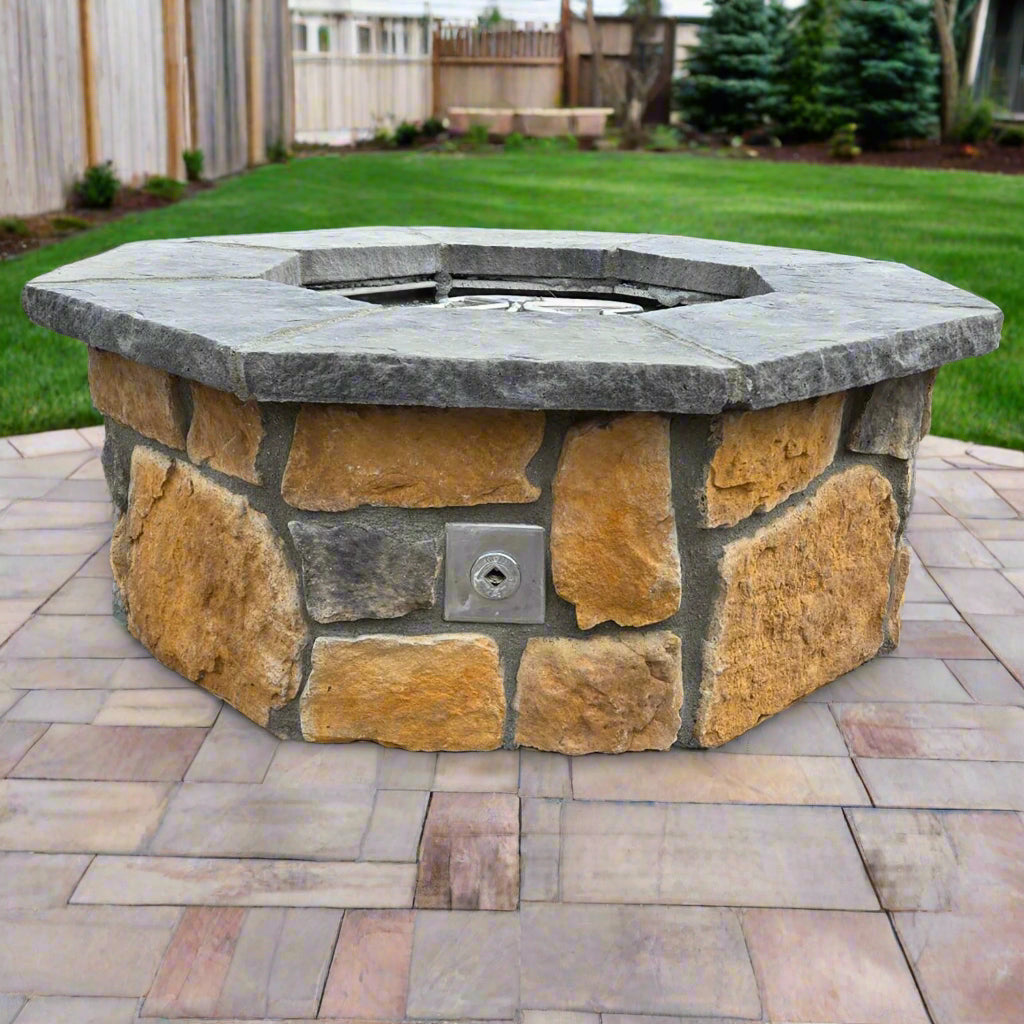 stone fire pit in backyard