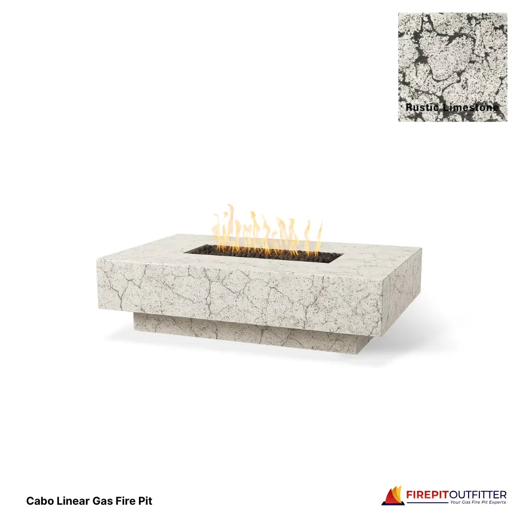Cabo linear rectangular gas fire pit in rustic white limestone concrete finish.
