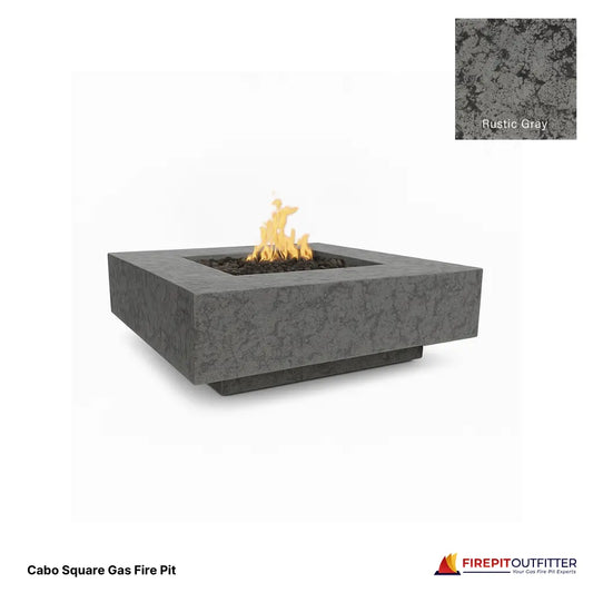 Cabo square gas fire pit in rustic gray concrete finish.
